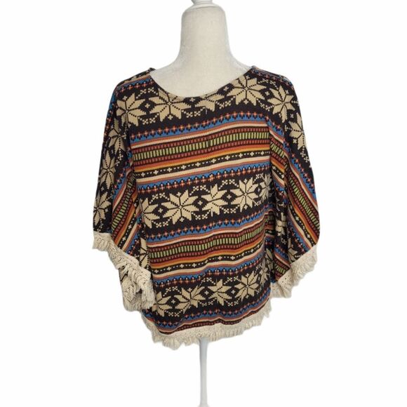 Y2K DELIA'S top fair isle snowflake fringe poncho M‎ - Picture 3 of 10